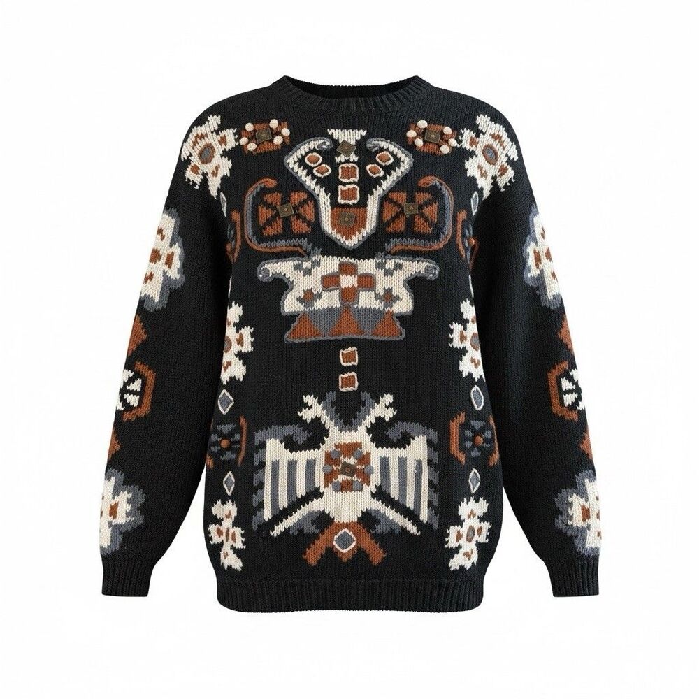 IB Diffusion VTG Southwest Ramie Blend Sweater Black Sz L Hong Kong 90s